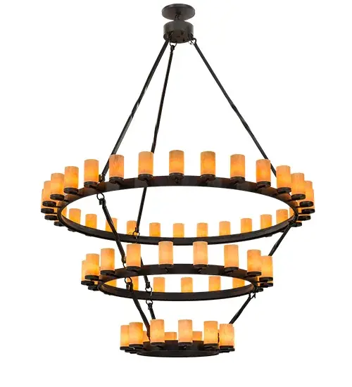 Blending an elegant style with a rich distinguished look; this Noziroh features three Black Textured rings that provide timeless beauty and abundant overall illumination. Large rugged arms; designed with a decorative twist; support the rings from the ceiling. A total of 60 Tawnyrock Idalight Cylindres are mounted on the 3-tiered structure; each perched on a holder attached with an arm to a ring. 30 luminaires are displayed from the top ring while 18 are attached to the center ring & 12 are affixed to the lower ring. Ideal for illuminating dining areas; conference tables; lobbies and other residential and commercial spaces. Handcrafted by highly skilled artisans in the USA in our manufacturing facility in Yorkville; NY. UL & cUL listed. - alternate view