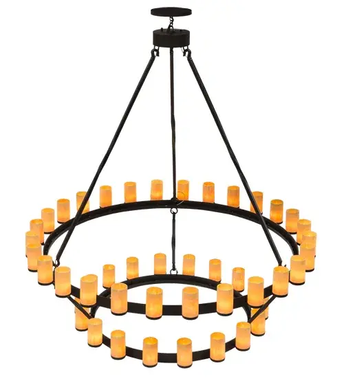 Blending an elegant style with a rich distinguished look; this Noziroh Chandelier features two Black Textured steel rings that provide timeless beauty and abundant overall illumination. Large rugged arms; designed with a decorative twist; support the rings from the ceiling. A total of 46 Tawnyrock Idalight Cylindres are mounted on the two tiered structure; each perched on a holder attached with an arm to a ring. 28 luminaires are displayed from the top ring while 18 are attached to the lower ring. Ideal for illuminating dining areas; conference tables; lobbies and other residential and commercial spaces. Handcrafted in our 180;000 square foot manufacturing facility in Yorkville; New York. UL and cUL listed for dry and damp locations. - alternate view
