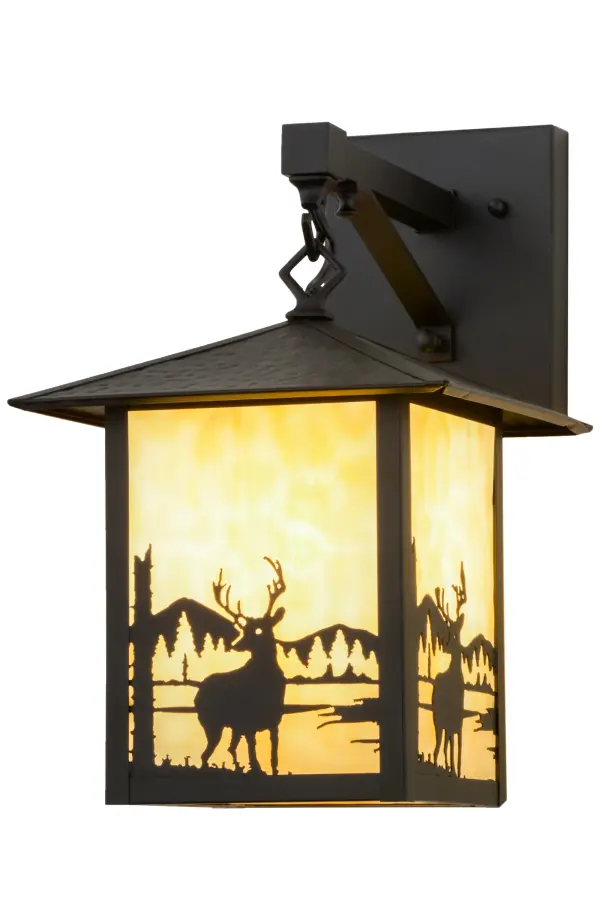 Custom crafted of Solid Brass, this striking sconce design captures a Deer standing tall alongside a mountain creek with the early afternoon sun in the background. Warm ambient lighting shines through stunning Beige art glass which is enhanced by the decorative accents, frame and matching hardware featured in a Black finish. The fixture is handcrafted in the Meyda manufacturing facility, located at the foothills of the Adirondack Mountains. Custom styles, designs, colors and dimmable energy efficient lamping options are available. Collection: Seneca Finish: Textured Black Glass: Beige Art Glass Width: 9.00" Height: 14.50" Length: 12.00" Weight: 5.50 lb Extension from Wall: 12.00" Number of Bulbs: 1 Maximum Wattage: 60.00 W Bulb Type: A19 Bulb Base: E26 Material: Brass Country of Origin: USA Safety Listing: Wet Safety Rating: Wet