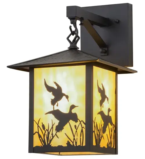 Handcrafted of Solid Brass; Ducks splash and fly among the cattails and marsh grasses in this wildlife inspired original lighting fixture.Beautiful ambient lighting is projected through Beige art glass with the hardware and decorative accents featured in a Black finish.This sconce is handmade in the USA by Meyda artisans in the Yorkville; NY manufacturing facility; which is located at the foothills of the glorious Adirondack Mountains.Wildlife and other custom designs are available; as well as dimmable energy efficient lamping options. - alternate view