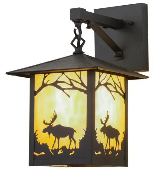 Crafted of Solid Brass; a majestic Moose meanders alongside a mountain creek; creating an image that would make Mother Nature proud. Pleasant ambient light projects through Beige art glass; which is complemented with a frame and hardware featured in a Black finish. This fixture is complemented by 292908; the Seneca Moose Creek Right Wall Sconce. The Seneca Moose Creek Wall Sconces are featured in our American-made; American-designed Craftsman Signature Series; which is manufactured in Yorkville; NY. UL and cUL listed for dry; damp; and wet locations. Our Build Your Own Craftsman Signature Series features unlimited combinations of styles. The collection is called Build Your Own because it is fully configurable and customizable from size and design to finish and lens color. Marine-grade; solid brass; or copper raw materials are utilized to ensure items from the Craftsman Signature Series of outdoor and indoor lighting will stand the test of time; as these premium metals are impervious to most types of oxidation. Hand-applied Patina finishes on brass and copper are sealed with a clear varnish and; over time; may require gentle maintenance; such as wax; to delay or reverse the natural living finish attributes indicative of this finishing process. Patina finishes on brass and copper provide strong resistance to fading from sun exposure; will not chip or crack; and will not rust like a steel- framed item in the same conditions. Choose from a variety of style options; or send us your concept today! Call today to learn how to use the configuration tool available on our website to generate an item number instantly. - alternate view