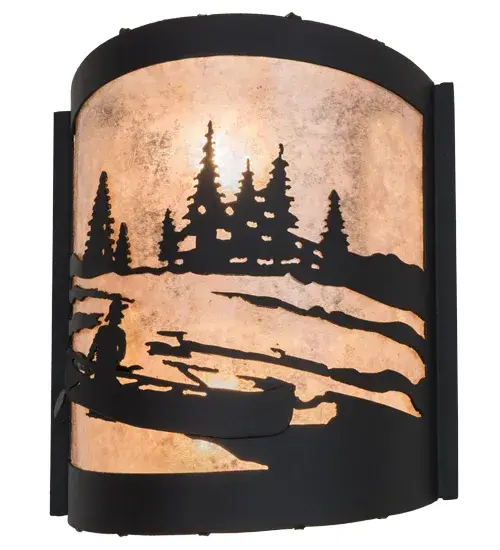 This nature inspired design depicts a sportsman paddling his canoe down a gentle mountain stream with a beautiful moonlit evening sky in the background. The sconce is handcrafted with stunning Silver Mica; which is enhanced with metal hardware and decorative accents featured in a Black finish. This wall fixture is handcrafted in the USA by Meyda artisans at the foothills of Upstate New York's Adirondack Mountains. Custom colors; designs and sizes are available; as well as dimmable; energy efficient lighting options. - alternate view