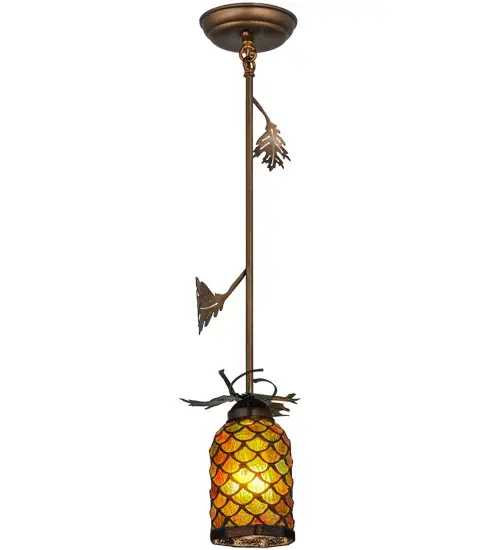 Breathtaking as the mighty Oak; this mini pendant features a resplendent stained glass acorn inspired shade; in multi toned Autumn Green with Bark Brown granite glass. The Oak Leaf hardware and decorative accents are finished in Antique Copper and custom crafted by Meyda artisans at the foothills of the Adirondack Mountains in the USA. Order these minis as multiples across a kitchen island; bar or counter. Custom sizes; styles and colors are available; as well as energy-efficient lamping options. - alternate view
