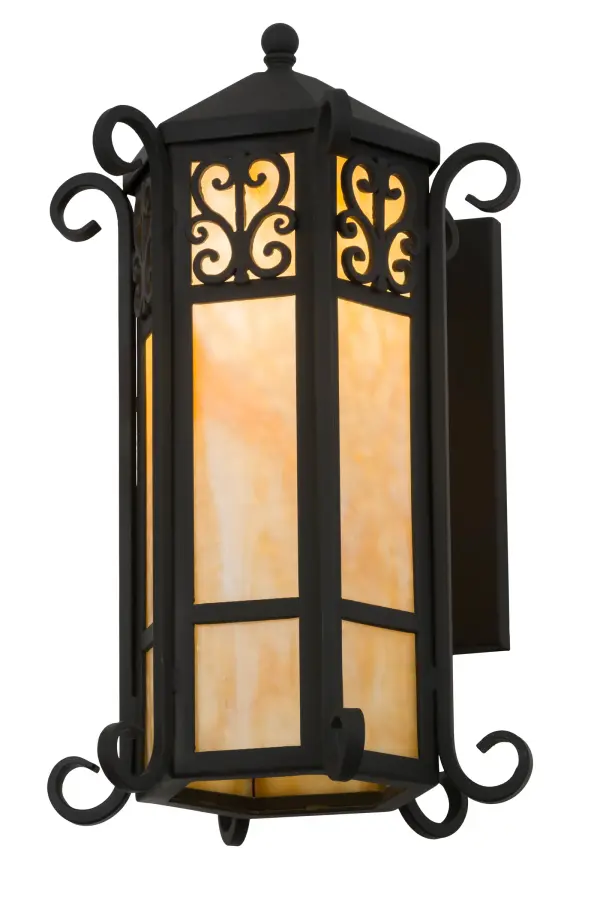 Grand stature and ornate hand-forged metalwork create a rich, luxurious look for the Caprice Lantern wall sconce. This high-styled wall fixture features Beige Opalescent art glass, which is enhanced with a scrolled accents featured in a Wrought Iron finish. This sconce is ideal to complement a variety of today's exteriors and interiors. Custom crafted in the USA, this fixture is offered in custom sizes, finishes and styles, as well as dimmable energy efficient lamping options such as LED. The fixture is UL and cUL listed for dry and wet locations. Collection: Caprice Finish: Wrought Iron Glass: Beige Art Glass Width: 12.50" Height: 21.00" Length: 13.00" Weight: 22.50 lb Extension from Wall: 13.00" Number of Bulbs: 1 Maximum Wattage: 60.00 W Bulb Type: A19 Bulb Base: E26 Material: Steel Country of Origin: USA Safety Listing: Wet Safety Rating: Wet
