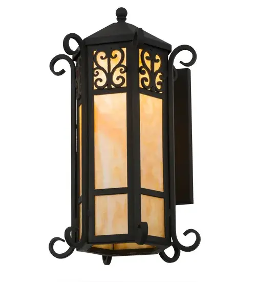Grand stature and ornate hand-forged metalwork create a rich, luxurious look for the Caprice Lantern wall sconce. This high-styled wall fixture features Beige Opalescent art glass, which is enhanced with a scrolled accents featured in a Wrought Iron finish. This sconce is ideal to complement a variety of today's exteriors and interiors. Custom crafted in the USA, this fixture is offered in custom sizes, finishes and styles, as well as dimmable energy efficient lamping options such as LED. The fixture is UL and cUL listed for dry and wet locations. Collection: Caprice Finish: Wrought Iron Glass: Beige Art Glass Width: 12.50" Height: 21.00" Length: 13.00" Weight: 22.50 lb Extension from Wall: 13.00" Number of Bulbs: 1 Maximum Wattage: 60.00 W Bulb Type: A19 Bulb Base: E26 Material: Steel Country of Origin: USA Safety Listing: Wet Safety Rating: Wet - alternate view