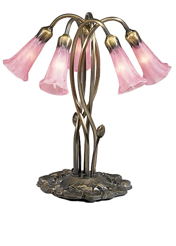 One of the most popular Louis Comfort Tiffany styled lamps on the market today, recreating his famous Favrile design from the early 1900's. This softly mottled Petal Pink shaded 5 Light Accent Lamp offers an attractive, delicate design featuring shades mouth blown of fine art glass. Lily shades are suspended from stems delicately winding above a Lily pad base finished by hand in Mahogany Bronze. Collection: Pink Finish: Mahogany Bronze Glass: Pink Width: 14.00" Height: 17.00" Length: 14.00" Weight: 7.50 lb Number of Bulbs: 5 Maximum Wattage: 15.00 W Bulb Type: B10 Bulb Base: E12 Material: Zinc Country of Origin: CHINA Safety Listing: Dry Safety Rating: Dry