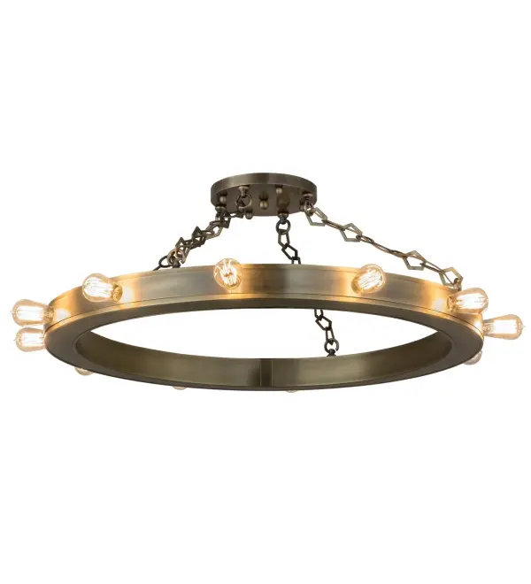 Your ship has come in with Helm. Inspired by a nautical wheel that steers your ship, Helm is custom crafted of Solid Brass with a luxurious Satin finish. The smooth, refined decorative ring, which features straight-line detailing and tight engineering, is adorned with 12 Edison lamps around the perimeter. This finely tooled pendant will provide beautiful ambient lighting as a decorative focal point for your room. Handcrafted in the USA, this fixture is available in custom designs, sizes, colors and dimmable energy efficient lamping options. The fixture is UL and cUL listed for damp and dry locations. Collection: Helm Finish: Satin Brass Glass: Amber Mica Width: 40.00" Height: 16.00" Length: 40.00" Weight: 40.00 lb Extension from Wall: 5.00" Number of Bulbs: 12 Maximum Wattage: 40.00 W Bulb Type: A19 Bulb Base: Medium Material: Steel Country of Origin: USA Safety Listing: Damp Safety Rating: Damp