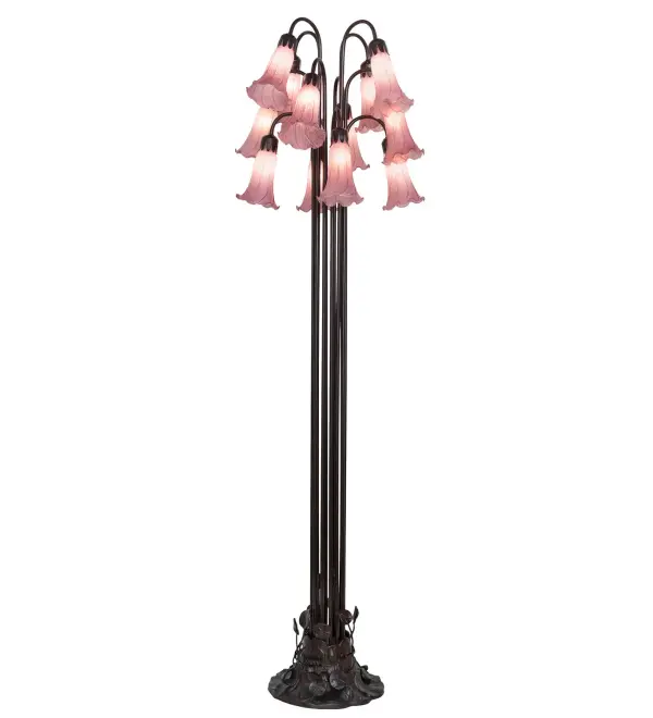 One of the most popular Louis Comfort Tiffany styled lamps on the market today, recreating his famous Favrile design from the early 1900's. This softly mottled Cranberry Red shaded Twelve Light Floor Lamp offers an attractive, delicate design featuring shades mouth blown of fine art glass. Lily shades are suspended from stems delicately winding above a Lily pad base finished by hand in Mahogany Bronze. Collection: Lavender Finish: Mahogany Bronze Glass: Lavender Width: 20.00" Height: 63.00" Length: 20.00" Weight: 28.00 lb Number of Bulbs: 12 Maximum Wattage: 15.00 W Bulb Type: BA9 Bulb Base: E12 Material: Steel Country of Origin: CHINA Safety Rating: Dry