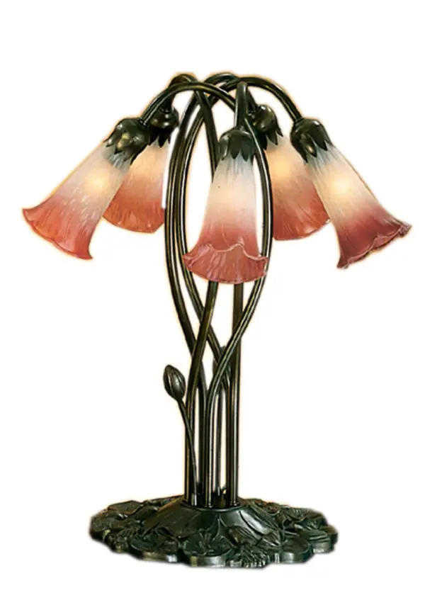 One of the most popular Louis Comfort Tiffany styled lamps on the market today, recreating his famous Favrile design from the early 1900's. This softly mottled Plum Pink and White shaded 5 Light Accent Lamp offers an attractive, delicate design featuring shades mouth blown of fine art glass. Lily shades are suspended from stems delicately winding above a Lily pad base finished by hand in Mahogany Bronze. Collection: Pink/White Finish: Mahongany Bronze Glass: Pink White Width: 14.00" Height: 17.00" Length: 14.00" Weight: 7.50 lb Number of Bulbs: 5 Maximum Wattage: 15.00 W Bulb Type: B10 Bulb Base: E12 Material: Zinc Country of Origin: CHINA Safety Listing: Dry Safety Rating: Dry