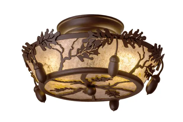 Distinctive charm is revealed with this elegant, nature inspired design as artistic Oak leaves and Acorns adorn a stunning Silver Mica diffuser. The decorative accents and hardware are featured in an Oil Rubbed Bronze finish. The most powerful of all trees, the mighty Oak and all of its leaves represent courage and strength. The fixture is handcrafted in Meyda's manufacturing facility, at the foothills of the majestic Adirondack Mountains in the USA. Custom colors, styles, sizes and dimmable energy efficient lamping options are available. Collection: Oak Leaf & Acorn Finish: Oil Rubbed Bronze Glass: Silver Mica Width: 10.00" Height: 5.00" Length: 10.00" Weight: 2.50 lb Number of Bulbs: 2 Maximum Wattage: 12.00 W Bulb Type: A19 Bulb Base: GU24 Light Source: LED Material: Steel Country of Origin: USA Safety Listing: Damp Safety Rating: Damp LED
