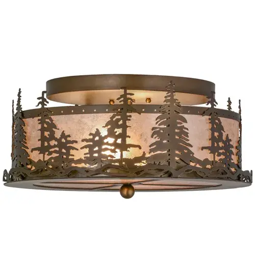 Capture the allure of rustic charm as a stand of Tall Pine Trees are highlighted as the morning sun rises in the background of this fixture. The decorative accents and hardware are finished in an Antique Copper; which are complemented with a stunning Silver Mica diffuser. The fixture is handcrafted by Meyda artisans in the Yorkville; New York manufacturing facility at the foothills of the Adirondack Mountains. Custom colors; styles; sizes and dimmable energy efficient lamping options are available.
