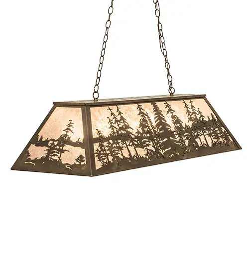 A stunning nature inspired design of Tall Pine trees is featured as the afternoon sun shines over the woodlands. Warm soft ambient light is diffused beautifully through Silver Mica, which is complemented with Antique Copper finished accents and frame. The fixture is handcrafted in the Meyda manufacturing facility, which is located at the foothills of the spectacular Adirondack Mountains. Custom styles, colors, sizes and dimmable energy-efficient lamping are available. Collection: Tall Pines Finish: Antique Copper Glass: Silver Mica Width: 17.00" Height: 17.00" Length: 48.00" Weight: 28.00 lb Extension from Wall: 17.00" Number of Bulbs: 6 Maximum Wattage: 60.00 W Bulb Type: A19 Bulb Base: E26 Material: Steel Country of Origin: USA Safety Listing: Damp Safety Rating: Damp - alternate view
