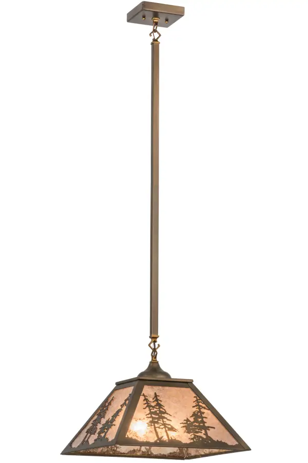 A stunning nature inspired design of Tall Pine trees is featured as the afternoon sun shines over the woodlands. Warm soft ambient light is diffused beautifully through Silver Mica, which is complemented with Antique Copper finished accents and frame. The fixture is handcrafted in the Meyda manufacturing facility, which is located at the foothills of the spectacular Adirondack Mountains. Custom styles, colors, sizes and dimmable energy-efficient lamping are available. Collection: Tall Pines Finish: Antique Copper Glass: Silver Mica Width: 22.00" Height: 50.50" Length: 15.50" Weight: 9.50 lb Number of Bulbs: 2 Maximum Wattage: 60.00 W Bulb Type: A19 Bulb Base: E26 Material: Steel Country of Origin: USA Safety Listing: Damp Safety Rating: Damp