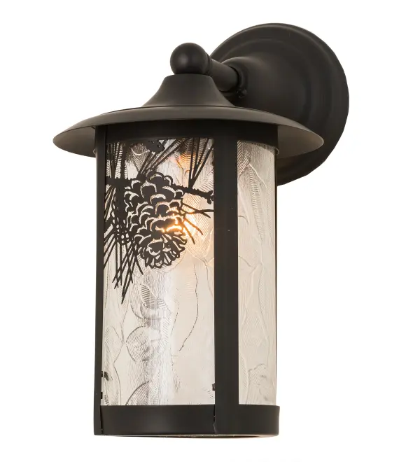 With pinecones and pine needles delicately etched of Solid Brass, this compelling design represents the iconic symbol of spiritual enlightenment and eternal life. Natural charm comes alive with ambient light shining through stunning Clear Textured Leaf art glass, which is enhanced with Black Patina finished hardware. This Craftsman Signature cylindrical shaped fixture is perfect for a variety of lighting applications and handcrafted by Meyda artisans in our manufacturing facility at the foothills of the Adirondack Mountains. Custom sizes, styles, colors and dimmable energy efficient lamping options are available. Collection: Fulton Finish: Black Glass: Clear Leaf Glass Width: 8.00" Height: 13.50" Length: 11.00" Weight: 4.00 lb Extension from Wall: 11.00" Number of Bulbs: 1 Maximum Wattage: 60.00 W Bulb Type: A19 Bulb Base: E26 Material: Brass Country of Origin: USA Safety Listing: Wet Safety Rating: Wet