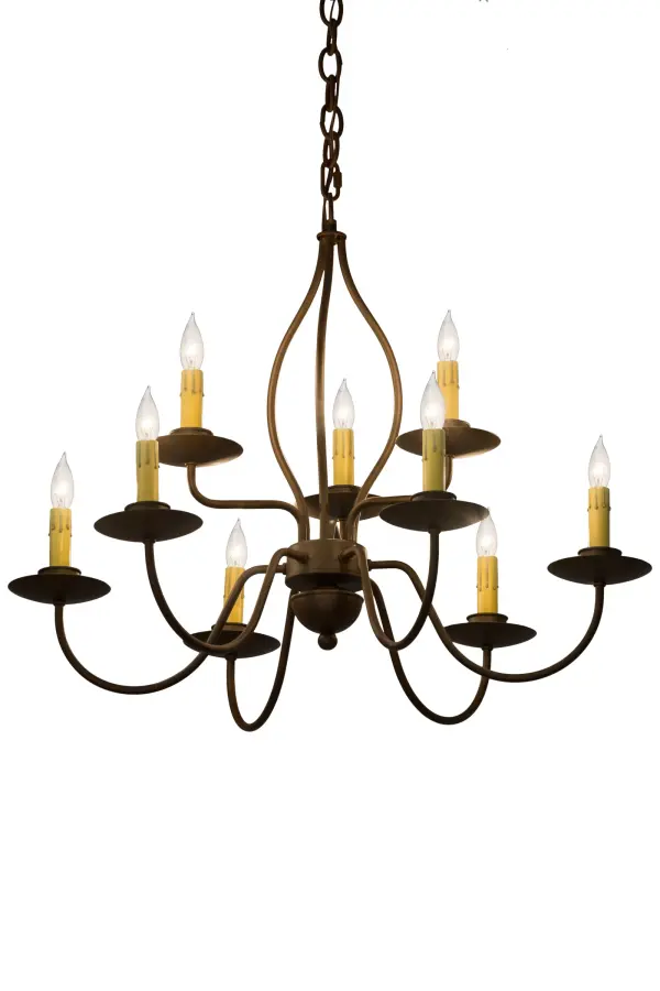 Bring a luxurious balance of charm and light to your home with the Earl chandelier. Nine Ivory faux candlelights provide ambient illumination and are enhanced with Rustic Iron bobeches; curved arms; and hardware. The overall height ranges from 26 to 64 inches; as the chain length can be easily adjusted on location to accommodate your specific lighting application needs. The Earl Chandelier is featured in our American-made; American-designed; handcrafted Traditional Lighting Collection. It is manufactured in Yorkville; New York; and UL & cUL listed for dry and damp locations.