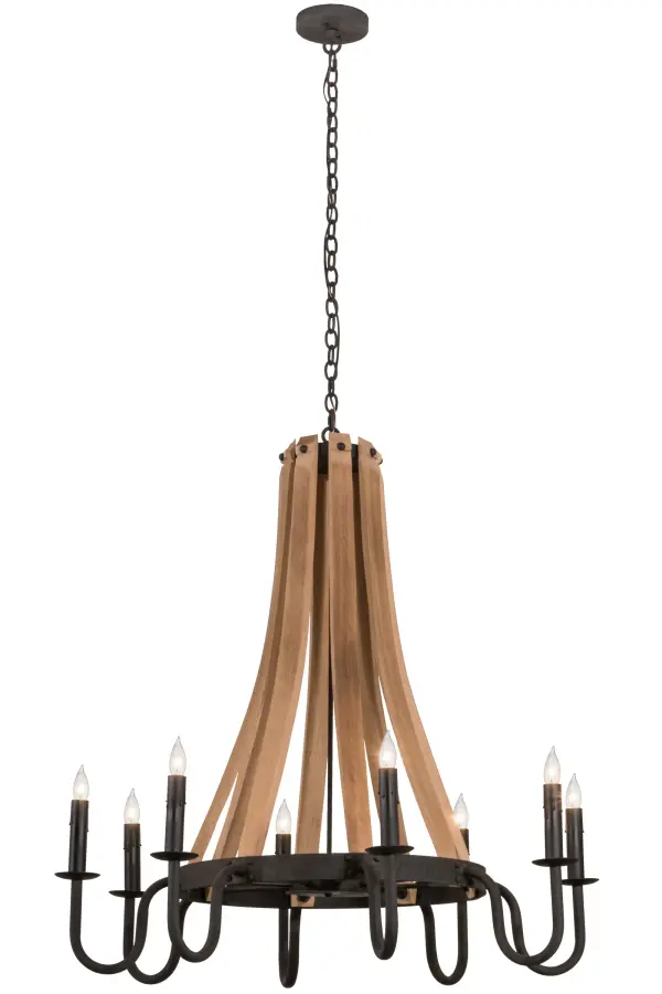 Nostalgic charm greets an authentic elegance suited for a variety of fine homes and businesses. This captivating lighting design was inspired by Antique Wooden staves traditionally bound by wooden hoops in the construction of beer/whisky barrels and wine casks. Costello Black finished solid stout Steelcurvedarms support eight bobechesaccented with Natural Wood faux candles on its perimeter. The chandelier is perfect for lobbies, foyers, banquet rooms and reception areas. Custom crafted by Meyda artisans in our manufacturing facility upstate New York, this fixture is available in custom colors, styles, sizes and dimmable energy efficient lamping options. Collection: Barrel Stave Finish: Costello Black Glass: Black Metal Finish Width: 42.00" Height: 48.00" Length: 42.00" Weight: 44.00 lb Extension from Wall: 23.00" Number of Bulbs: 8 Maximum Wattage: 60.00 W Bulb Type: B11 Bulb Base: E26 Material: Steel Country of Origin: USA Safety Listing: Damp Safety Rating: Damp