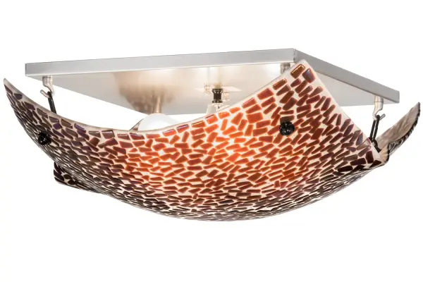Mother of Pearl Purple Iridescent design features brilliant colored tiles of fused glass. This ceiling fixture has been high fired and hand-formed into a unique profile as if floating on the ceiling plane. The hardware is hand finished in Nickel. This fixture is custom crafted by Meyda artisans in Upstate New York in the USA. Custom styles, hues, sizes and dimmable energy efficient lamping options are available. Collection: Chicklitz Finish: Nickel Powder Coat Glass: Violet,Iridescent Width: 27.00" Height: 8.50" Length: 19.00" Weight: 18.50 lb Number of Bulbs: 4 Maximum Wattage: 60.00 W Bulb Type: A19 Bulb Base: E26 Material: Steel Country of Origin: USA Safety Listing: Damp Safety Rating: Damp