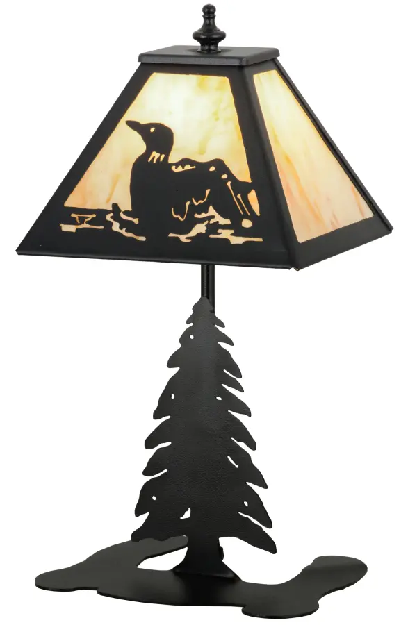 A stunning impression of this aquatic bird design features a Loon floating and splashing on a lake as the lazy afternoon sun shines bright in the background. The stunning Travertine Idalight shade is supported by a Pine Tree base featured in a Textured Black finish. The lamp is handmade by Meyda Craftsmen in the Yorkville, NY manufacturing facility at the foothills of the scenic Adirondack Mountains. Custom colors, styles and sizes are available, as well as dimmable energy efficient lamping options. Collection: Loon Finish: Textured Black Textured Black Glass: Travertine Acrylic Width: 11.00" Height: 15.00" Length: 8.00" Weight: 2.50 lb Number of Bulbs: 1 Maximum Wattage: 60.00 W Bulb Type: BA10 Bulb Base: E12 Material: Steel Country of Origin: USA Safety Listing: Dry Safety Rating: Dry