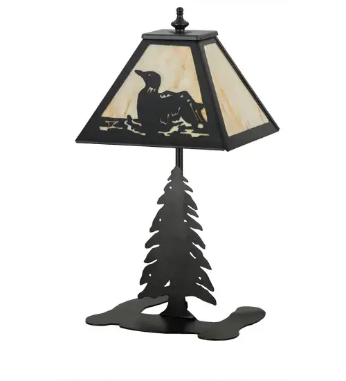 A stunning impression of this aquatic bird design features a Loon floating and splashing on a lake as the lazy afternoon sun shines bright in the background. The stunning Travertine Idalight shade is supported by a Pine Tree base featured in a Textured Black finish. The lamp is handmade by Meyda Craftsmen in the Yorkville, NY manufacturing facility at the foothills of the scenic Adirondack Mountains. Custom colors, styles and sizes are available, as well as dimmable energy efficient lamping options. Collection: Loon Finish: Textured Black Textured Black Glass: Travertine Acrylic Width: 11.00" Height: 15.00" Length: 8.00" Weight: 2.50 lb Number of Bulbs: 1 Maximum Wattage: 60.00 W Bulb Type: BA10 Bulb Base: E12 Material: Steel Country of Origin: USA Safety Listing: Dry Safety Rating: Dry - alternate view
