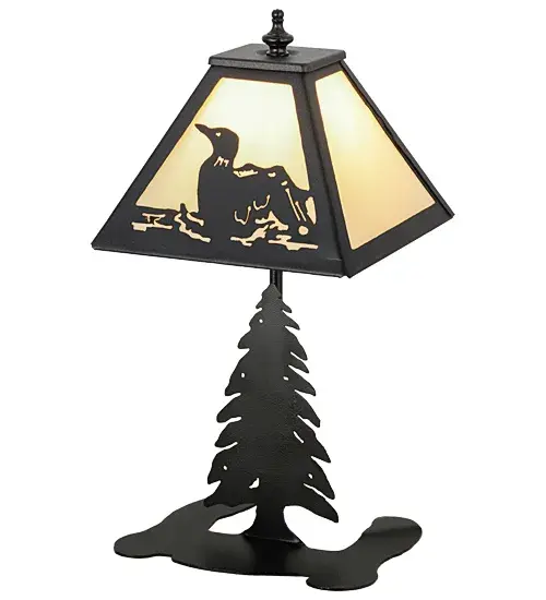 A stunning impression of this aquatic bird design features a Loon floating and splashing on a lake as the lazy afternoon sun shines bright in the background. The stunning Sahara Taupe Idalight shade is supported by Pine Tree base featured in a Black finish. The lamp is handmade by Meyda Craftsmen in the Yorkville, NY manufacturing facility at the foothills of the scenic Adirondack Mountains. Custom colors, styles and sizes are available, as well as dimmable energy efficient lamping options. Collection: Loon Finish: Textured Black Textured Black Glass: Sahara Taupe Acrylic Width: 11.00" Height: 15.00" Length: 8.00" Weight: 2.00 lb Number of Bulbs: 1 Maximum Wattage: 60.00 W Bulb Type: BA10 Bulb Base: E12 Material: Steel Country of Origin: USA Safety Listing: Dry Safety Rating: Dry - alternate view