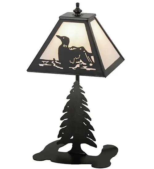 A stunning impression of this aquatic bird design features a Loon floating and splashing on a lake as the lazy afternoon sun shines bright in the background. The stunning Whitestone Idalight shade is supported by Pine Tree base featured in a Black finish. The lamp is handmade by Meyda Craftsmen in the Yorkville, NY manufacturing facility at the foothills of the scenic Adirondack Mountains. Custom colors, styles and sizes are available, as well as dimmable energy efficient lamping options. Collection: Loon Finish: Textured Black Textured Black Glass: Whitestone Acrylic Width: 11.00" Height: 15.00" Length: 8.00" Weight: 2.00 lb Number of Bulbs: 1 Maximum Wattage: 25.00 W Bulb Type: BA10 Bulb Base: E12 Material: Metal Or Polyresin Country of Origin: USA Safety Listing: Dry Safety Rating: Dry - alternate view