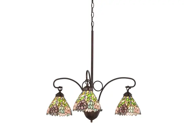 Stylized Wisteria flower clusters of China Pink; Grape and Amethyst Blue with Jade Green leaves drape over Ivory toned graceful art glass shades. The classic styling of this Tiffany inspired three light chandelier; with soft pastel colors; will add charm to any room. Artisans employ the famous Meyda Tiffany copperfoil construction process to create these shades; which are enhanced with hardware featured in a Mahogany Bronze finish. Custom colors; styles; sizes and dimmable; energy efficient lamping options are available.