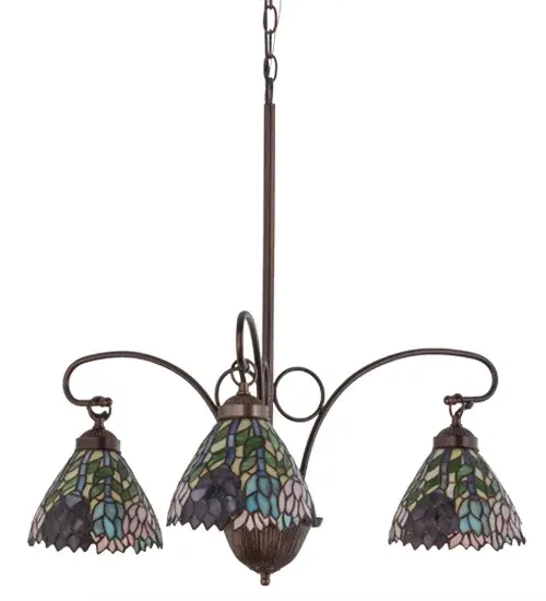 Stylized Wisteria flower clusters of China Pink; Grape and Amethyst Blue with Jade Green leaves drape over Ivory toned graceful art glass shades. The classic styling of this Tiffany inspired three light chandelier; with soft pastel colors; will add charm to any room. Artisans employ the famous Meyda Tiffany copperfoil construction process to create these shades; which are enhanced with hardware featured in a Mahogany Bronze finish. Custom colors; styles; sizes and dimmable; energy efficient lamping options are available. - alternate view