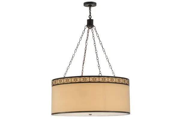 This luxurious pendant offers a transitional Natural Textrene shade design for today's fine interiors. Distinctive Circle X upper border is finished in a stunning Timeless Bronze while a Statuario Idalight diffuser is featured on the bottom. Perfect for nearly any room in a residential or commercial setting; this pendant is custom crafted by Meyda artisans in our Yorkville; NY manufacturing facility. Custom styles; colors and sizes are available; as well as energy efficient lamping options. UL and cUL listed for damp and dry locations.