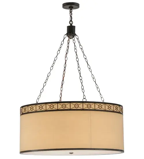 This luxurious pendant offers a transitional Natural Textrene shade design for today's fine interiors. Distinctive Circle X upper border is finished in a stunning Timeless Bronze while a Statuario Idalight diffuser is featured on the bottom. Perfect for nearly any room in a residential or commercial setting; this pendant is custom crafted by Meyda artisans in our Yorkville; NY manufacturing facility. Custom styles; colors and sizes are available; as well as energy efficient lamping options. UL and cUL listed for damp and dry locations. - alternate view