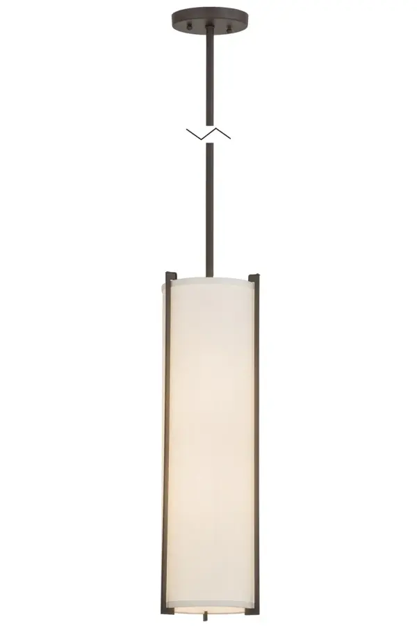 This mini pendant provides sophisticated elegant lighting with an Eggshell Textrene shade and a Statuario Idalight bottom diffuser. The shade is embraced by a frame hand finished in Oil Rubbed Bronze. This pendant is handmade in the Meyda manufacturing facility in Upstate New York. Custom sizes, colors, styles and dimmable energy efficient lamping options are available. Collection: Cilindro Finish: Oil Rubbed Bronze Glass: Linen Textrene Width: 7.00" Height: 23.00" Length: 7.00" Weight: 6.00 lb Number of Bulbs: 2 Maximum Wattage: 60.00 W Bulb Type: A19 Bulb Base: E26 Material: Steel Country of Origin: USA Safety Listing: Damp Safety Rating: Damp