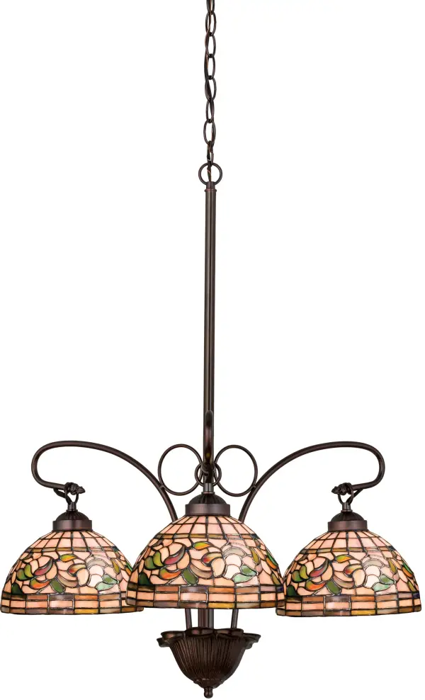 Subtle toned Autumn Gold; Russet and Moss Green leaves swirl against an Amber Mauve background in this stained glass Tiffany Studio reproduction. This elegant 3 light chandelier; with Mahogany Bronze finished hardware; will complement any decor.