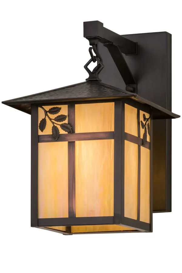 Crafted by hand from Solid Brass, a Single Branch Leaf filigree accent is highlighted on Beige Iridescent art glass and complemented with hardware that is featured in a Craftsman Brown finish. This Craftsman Signature fixture is perfect for indoor and outdoor lighting applications and handcrafted by Meyda artisans in the Yorkville, NY manufacturing facility at the foothills of the majestic Adirondack Mountains. Custom colors, styles and sizes are available. Energy efficient lamping options are offered. Collection: Seneca Finish: Craftsman Brown Glass: Bai Width: 9.00" Height: 14.00" Length: 12.00" Weight: 6.00 lb Extension from Wall: 12.00" Number of Bulbs: 1 Maximum Wattage: 60.00 W Bulb Type: A19 Bulb Base: E26 Material: Brass Country of Origin: USA Safety Listing: Wet Safety Rating: Wet