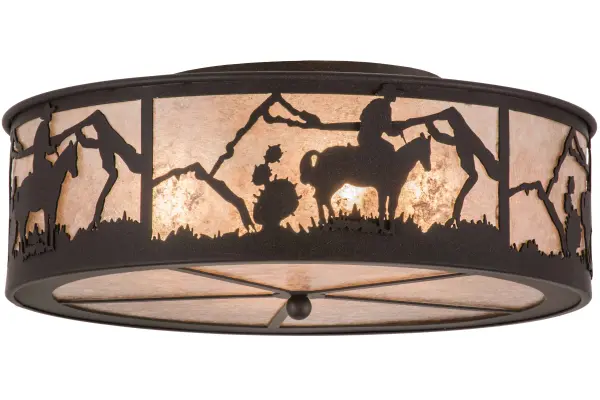 Bring the western charm of the mountain prairie inside your home. A Cowboy riding his trusty horse near a large cactus plant accents this Western-inspired ceiling fixture. The luminaire features a Silver Mica lens complemented with a Dark Roast finish. The Cowboy Flushmount is included in our American-made, American-designed, handcrafted Western Lighting Collection. Manufactured in Yorkville, NY. UL and cUL listed for dry and damp locations. Collection: Cowboy Finish: Dark Roast Glass: Silver Mica Width: 22.00" Height: 9.00" Length: 22.00" Weight: 12.00 lb Number of Bulbs: 4 Maximum Wattage: 60.00 W Bulb Type: A19 Bulb Base: E26 Material: Steel Country of Origin: USA Safety Listing: Damp Safety Rating: Damp
