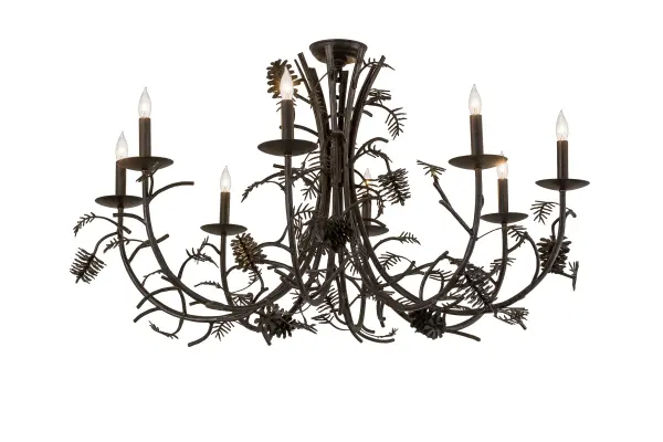 Inspired by the nearby Adirondack Mountains; this breathtaking chandelier features a cornucopia of Hand-forged metal Pinecones and Pine Needles that appear to grow from this tree-like ceiling fixture. The fixture illuminates beautifully with 8 complementary faux candlelights perched on bobeches. The decorative accents and frame are offered in a warm Chestnut finish. Overall height ranges from 26 to 85 inches as the chain can be easily adjusted in the field. The Pinecone Chandelier is included in our American made; American designed handcrafted Rustic Lighting Collection. Manufactured in Yorkville; New York. UL and cUL listed for dry and damp locations.