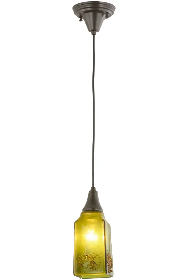 Celadon Green glass drizzled with Amber Frit make this Metro Fusion mini pendant a stunning piece of art. Hand cut glass is hot fused together and fired again to fall into a unique draped glass profile. Handmade by Meyda Craftsmen, this dramatic shade is complemented with Craftsman Brown hardware and a round fitting and cord that provide a unique and fun way to light your surroundings. Made in the USA. Custom colors, sizes, styles and energy efficient lamping options are available. Collection: Metro Fusion Finish: Craftsman Brown Glass: Celadon Greember Frit Width: 5.50" Height: 15.50" Length: 4.00" Weight: 3.50 lb Number of Bulbs: 1 Maximum Wattage: 60.00 W Bulb Type: A19 Bulb Base: E26 Material: Metal Or Polyresin Country of Origin: USA Safety Listing: Damp Safety Rating: Damp
