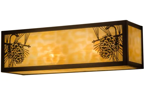 Stunning pinecones with pine needles flank stunning Beige art glass, which is framed with hardware hand finished in a warm Craftsman Brown. Custom crafted by Meyda artisans at the foothills of the beautiful Adirondack Mountains in New York, this fixture is available with custom colors, styles, sizes and dimmable, energy-efficient lamping options. Use it as a vanity light in a bath or as a wall sconce in a corridor. Collection: Winter Pine Finish: Craftsman Brown Glass: Beige Art Glass Width: 16.00" Height: 5.00" Length: 5.00" Weight: 4.50 lb Extension from Wall: 5.00" Number of Bulbs: 2 Maximum Wattage: 60.00 W Bulb Type: A19 Bulb Base: E26 Material: Steel Country of Origin: USA Safety Listing: Damp Safety Rating: Damp