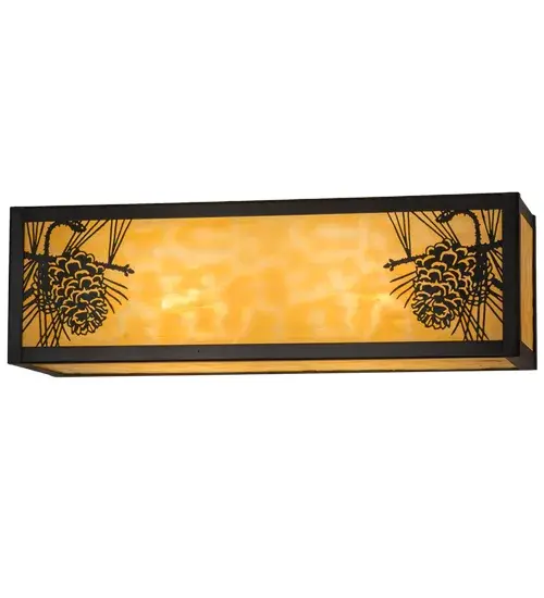 Stunning pinecones with pine needles flank stunning Beige art glass, which is framed with hardware hand finished in a warm Craftsman Brown. Custom crafted by Meyda artisans at the foothills of the beautiful Adirondack Mountains in New York, this fixture is available with custom colors, styles, sizes and dimmable, energy-efficient lamping options. Use it as a vanity light in a bath or as a wall sconce in a corridor. Collection: Winter Pine Finish: Craftsman Brown Glass: Beige Art Glass Width: 16.00" Height: 5.00" Length: 5.00" Weight: 4.50 lb Extension from Wall: 5.00" Number of Bulbs: 2 Maximum Wattage: 60.00 W Bulb Type: A19 Bulb Base: E26 Material: Steel Country of Origin: USA Safety Listing: Damp Safety Rating: Damp - alternate view