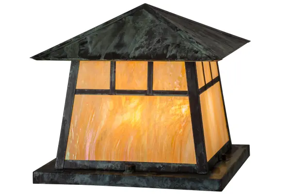Custom made from Solid Brass; a stunning Craftsman Signature design statement is emphatically presented with a striking Mission styled straight line design. Highlighted with Beige Iridescent art glass and a frame and hardware finished in Verdigris; this luminaire is ideal for indoor and outdoor lighting applications. The fixture is handcrafted by Meyda artisans in the Yorkville; NY manufacturing facilities. Custom colors; designs and sizes are available.