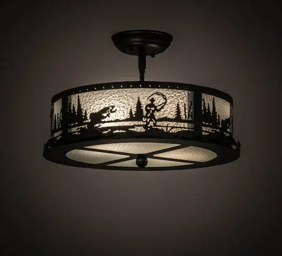 Fishing enthusiasts will cast their lines in delight for this striking lighting design. A Trout is depicted leaping out of the river as the late morning sun radiates beautiful ambient light through a Frosted Granite Art Glass shade and bottom diffuser. The ceiling fixture is enhanced with Textured Black finished accents and frame. The Fly Fishing Creek Pendant is featured in our American made; American designed; handcrafted Sportsman Lighting Collection. Manufactured in Yorkville; New York. UL and cUL listed for dry and damp locations.
