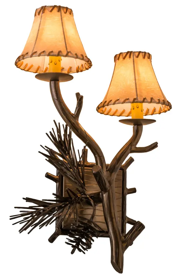 This nature inspired lighting fixture highlights stunning Hand Sculpted Pine Needles and Pinecones; which accent faux candlelights topped with Tan Faux Leather & Rawhide shades perched on branch-like solid steel arms. All accents and hardware are featured in an Antique Copper finish. This right-hand fixture is paired with a matching left-hand mate (161368). The wall sconce is handcrafted by Meyda artisans in the USA; at the foothills of the Adirondack Mountains. Custom sizes; styles and colors are available; as well as dimmable energy efficient lamping options.