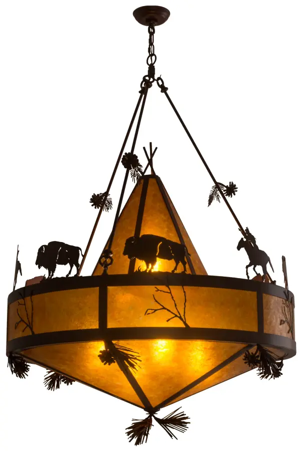 A herd of Majestic Buffalo roam the prairie as they share the wilderness living with Native Americans. This stunner of a pendant; detailed in its decorative artistry; is designed with accents and hardware featured in a Rust finish while warm ambient light is illuminated through Amber Mica. Handcrafted by highly skilled artisans; this fixture is created in the Meyda manufacturing facility in the USA. Dimmable energy efficient lamping; along with custom sizes; colors and designs; are available. The fixture is UL and cUL listed for dry and damp locations.