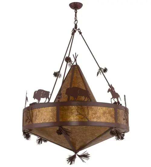 A herd of Majestic Buffalo roam the prairie as they share the wilderness living with Native Americans. This stunner of a pendant; detailed in its decorative artistry; is designed with accents and hardware featured in a Rust finish while warm ambient light is illuminated through Amber Mica. Handcrafted by highly skilled artisans; this fixture is created in the Meyda manufacturing facility in the USA. Dimmable energy efficient lamping; along with custom sizes; colors and designs; are available. The fixture is UL and cUL listed for dry and damp locations. - alternate view