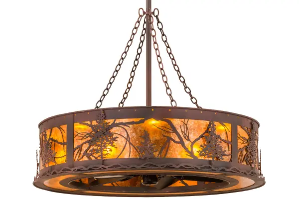 A fan-tastic, energy efficient decorating idea for a home, retail or hospitality location, this unique custom crafted Chandel-Air features a Tamarack tree design with branches and needles. The decorative accents and hardware are featured in a Wrought Iron finish on an Amber Mica diffuser. 8 customer supplied A19 60-watt inner lamps bring out the beauty of the mica while 8 MR16 50-watt lamps are used as uplights for ambient illumination. The fixture, which combines a custom lighting design with fan technology, is handcrafted at the foothills of the spectacular Adirondack Mountains. This energy-saving "Chandel-Air" creates a windchill to keep the space cool in the summer, and is reversed in the winter to push down hot air and maintain warmth. Dimmable energy efficient lamping options, as well as customs sizes, styles and colors, are available. UL and cUL listed. Collection: Tamarack Finish: Wrought Iron Over Rust Oiled Bronze Glass: Amber Mica Ac Motor Width: 44.00" Height: 96.00" Length: 44.00" Weight: 105.00 lb Number of Bulbs: 8 Maximum Wattage: 60.00 W Bulb Type: A19 Bulb Base: E26 Material: Steel Country of Origin: USA Safety Listing: Damp Safety Rating: Damp