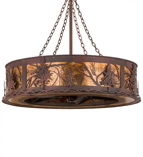 A fan-tastic, energy efficient decorating idea for a home, retail or hospitality location, this unique custom crafted Chandel-Air features a Tamarack tree design with branches and needles. The decorative accents and hardware are featured in a Wrought Iron finish on an Amber Mica diffuser. 8 customer supplied A19 60-watt inner lamps bring out the beauty of the mica while 8 MR16 50-watt lamps are used as uplights for ambient illumination. The fixture, which combines a custom lighting design with fan technology, is handcrafted at the foothills of the spectacular Adirondack Mountains. This energy-saving "Chandel-Air" creates a windchill to keep the space cool in the summer, and is reversed in the winter to push down hot air and maintain warmth. Dimmable energy efficient lamping options, as well as customs sizes, styles and colors, are available. UL and cUL listed. Collection: Tamarack Finish: Wrought Iron Over Rust Oiled Bronze Glass: Amber Mica Ac Motor Width: 44.00" Height: 96.00" Length: 44.00" Weight: 105.00 lb Number of Bulbs: 8 Maximum Wattage: 60.00 W Bulb Type: A19 Bulb Base: E26 Material: Steel Country of Origin: USA Safety Listing: Damp Safety Rating: Damp - alternate view