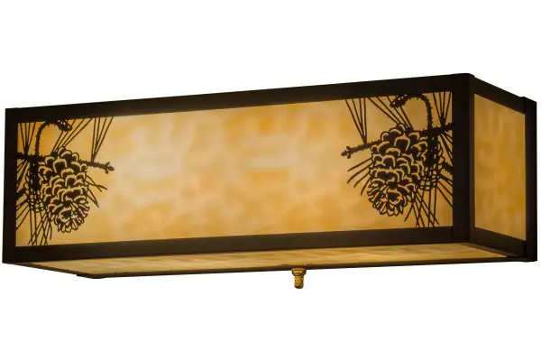 Stunning pinecones with pine needles flank stunning Beige art glass, which is framed with hardware hand finished in a warm Craftsman Brown. Custom crafted by Meyda artisans at the foothills of the beautiful Adirondack Mountains in New York, this fixture is available with custom colors, styles, sizes and dimmable, energy-efficient lamping options. Use it as a vanity light in a bath or a wall sconce in a corridor. Collection: Winter Pine Finish: Craftsman Brown Glass: Beige Art Glass Width: 16.00" Height: 5.00" Length: 5.50" Weight: 4.50 lb Extension from Wall: 5.50" Number of Bulbs: 2 Maximum Wattage: 60.00 W Bulb Type: A19 Bulb Base: E26 Material: Brass Country of Origin: USA Safety Listing: Damp Safety Rating: Damp