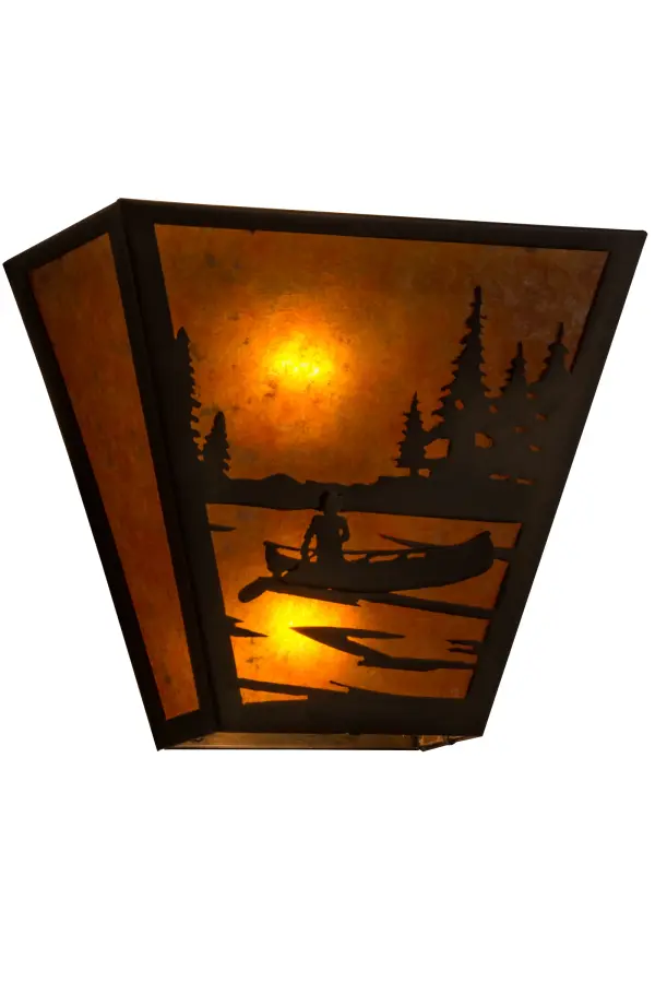 This lone outdoorsman paddles his own canoe across the lake of life and through the Great American woods and wilderness as the golden sun shines brilliantly during the midday of a lazy Sunday. Warm ambient light projects through Amber Mica as stunning decorative accents and frame are featured in an Antique Copper finish. Handcrafted by Meyda artisans at the foothills of the inspiring Adirondack Mountains, this fixture is available in custom sizes, styles and colors, as well as dimmable energy efficient lamping options. Collection: Canoe At Lake Finish: Antique Copper Glass: Amber Mica Width: 13.00" Height: 11.50" Length: 7.00" Weight: 3.00 lb Extension from Wall: 7.00" Number of Bulbs: 2 Maximum Wattage: 60.00 W Bulb Type: A19 Bulb Base: E26 Material: Steel Country of Origin: USA Safety Listing: Dry Safety Rating: Dry