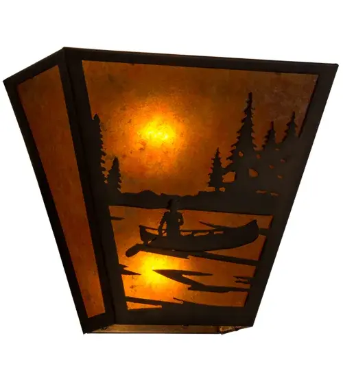 This lone outdoorsman paddles his own canoe across the lake of life and through the Great American woods and wilderness as the golden sun shines brilliantly during the midday of a lazy Sunday. Warm ambient light projects through Amber Mica as stunning decorative accents and frame are featured in an Antique Copper finish. Handcrafted by Meyda artisans at the foothills of the inspiring Adirondack Mountains, this fixture is available in custom sizes, styles and colors, as well as dimmable energy efficient lamping options. Collection: Canoe At Lake Finish: Antique Copper Glass: Amber Mica Width: 13.00" Height: 11.50" Length: 7.00" Weight: 3.00 lb Extension from Wall: 7.00" Number of Bulbs: 2 Maximum Wattage: 60.00 W Bulb Type: A19 Bulb Base: E26 Material: Steel Country of Origin: USA Safety Listing: Dry Safety Rating: Dry - alternate view