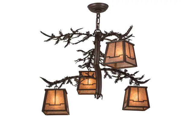 Bring the natural charm of the forest indoors with this perfect complement to your camp, lodge, home, restaurant or hotel. Four Silver Mica lanterns adorn the Pine Branch shaped arms of this unique chandelier. This stunning fixture features pine branch, pine needles and hardware featured in a Cafe Noir finish. Custom sizes, designs and colors are available. Energy efficient lamping options are offered. Collection: Pine Branch Finish: Cafe Noir Glass: Silver Mica Width: 28.00" Height: 36.00" Length: 28.00" Weight: 15.00 lb Number of Bulbs: 4 Maximum Wattage: 60.00 W Bulb Type: T4 Bulb Base: G9 Material: Steel Country of Origin: USA Safety Listing: Damp Safety Rating: Damp