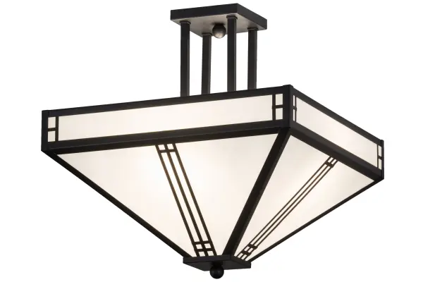 This clean transitional ceiling fixture is designed with an appealing White art glass in a Mission styled frame, which is featured with accents and hardware in a Black Textured finish. This fixture is the perfect lighting accent that will enhance any decor, for fine homes, restaurants, boutiques and hotels. Prairie Loft is custom crafted in the Meyda facility in Yorkville, NY. Custom sizes, styles, colors and dimmable energy efficient lamping options are available. Collection: Prairie Loft Finish: Textured Black Glass: White Art Glass Width: 25.50" Height: 18.50" Length: 18.00" Weight: 12.50 lb Extension from Wall: 9.00" Number of Bulbs: 4 Maximum Wattage: 60.00 W Bulb Type: A19 Bulb Base: E26 Material: Steel Country of Origin: USA Safety Listing: Damp Safety Rating: Damp