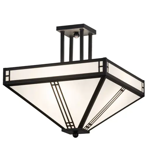 This clean transitional ceiling fixture is designed with an appealing White art glass in a Mission styled frame, which is featured with accents and hardware in a Black Textured finish. This fixture is the perfect lighting accent that will enhance any decor, for fine homes, restaurants, boutiques and hotels. Prairie Loft is custom crafted in the Meyda facility in Yorkville, NY. Custom sizes, styles, colors and dimmable energy efficient lamping options are available. Collection: Prairie Loft Finish: Textured Black Glass: White Art Glass Width: 25.50" Height: 18.50" Length: 18.00" Weight: 12.50 lb Extension from Wall: 9.00" Number of Bulbs: 4 Maximum Wattage: 60.00 W Bulb Type: A19 Bulb Base: E26 Material: Steel Country of Origin: USA Safety Listing: Damp Safety Rating: Damp - alternate view